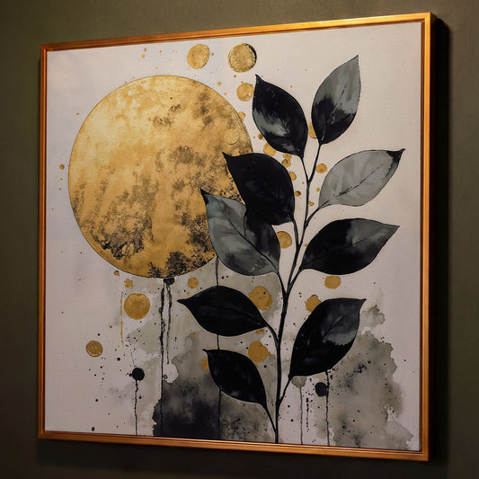 Abstract Gold Sun and Leaves Canvas shown in antique gold floating frame