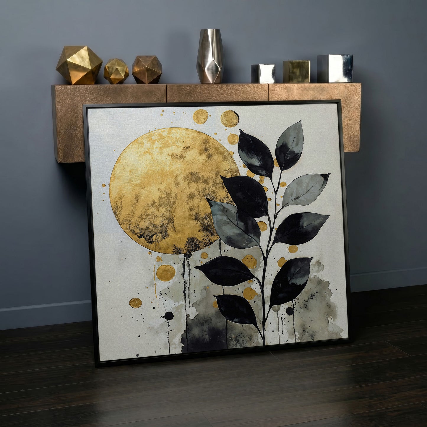 Abstract Gold Sun and Leaves Canvas in black floating frame