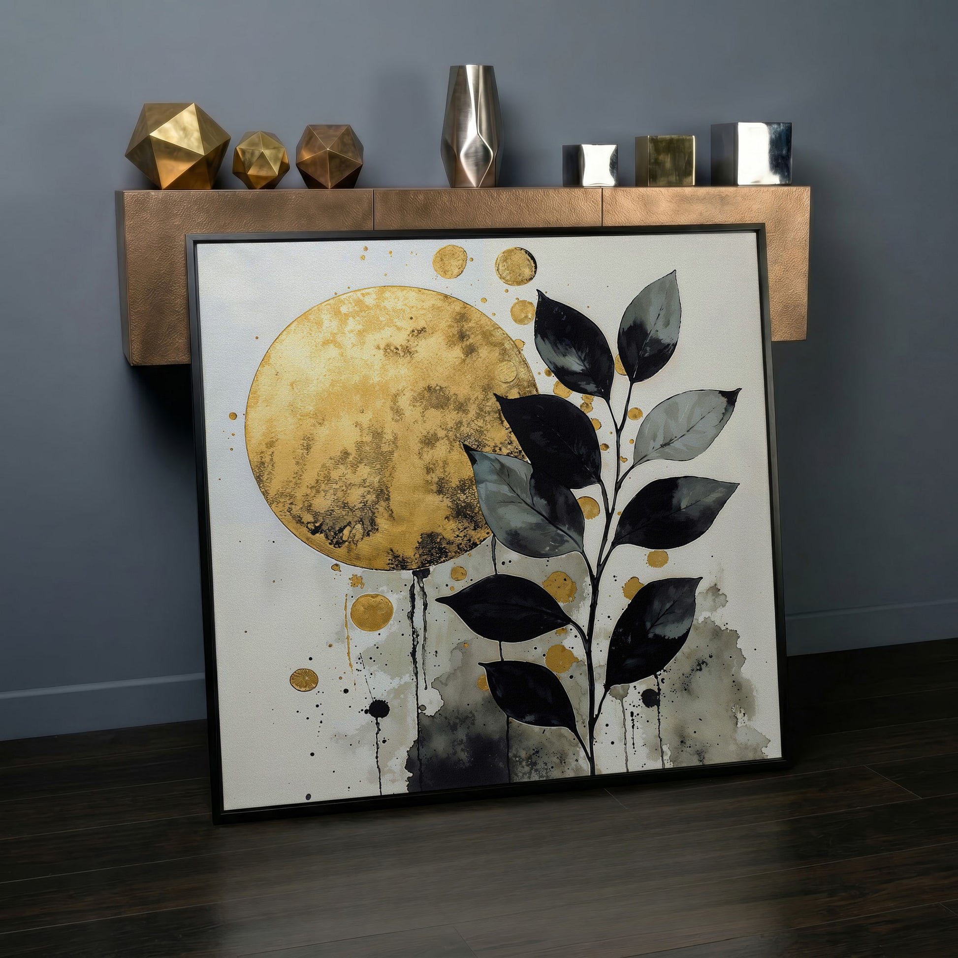 Abstract Gold Sun and Leaves Canvas in black floating frame