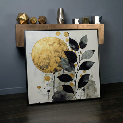 Abstract Gold Sun and Leaves Canvas in black floating frame