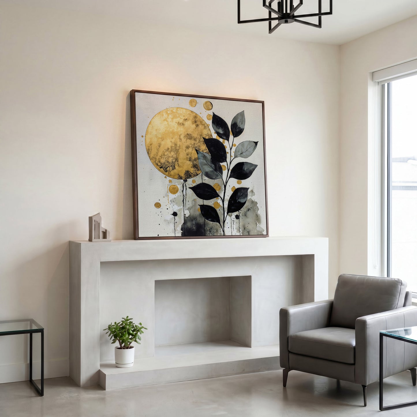 Abstract Gold Sun and Leaves Canvas in dark walnut floating frame