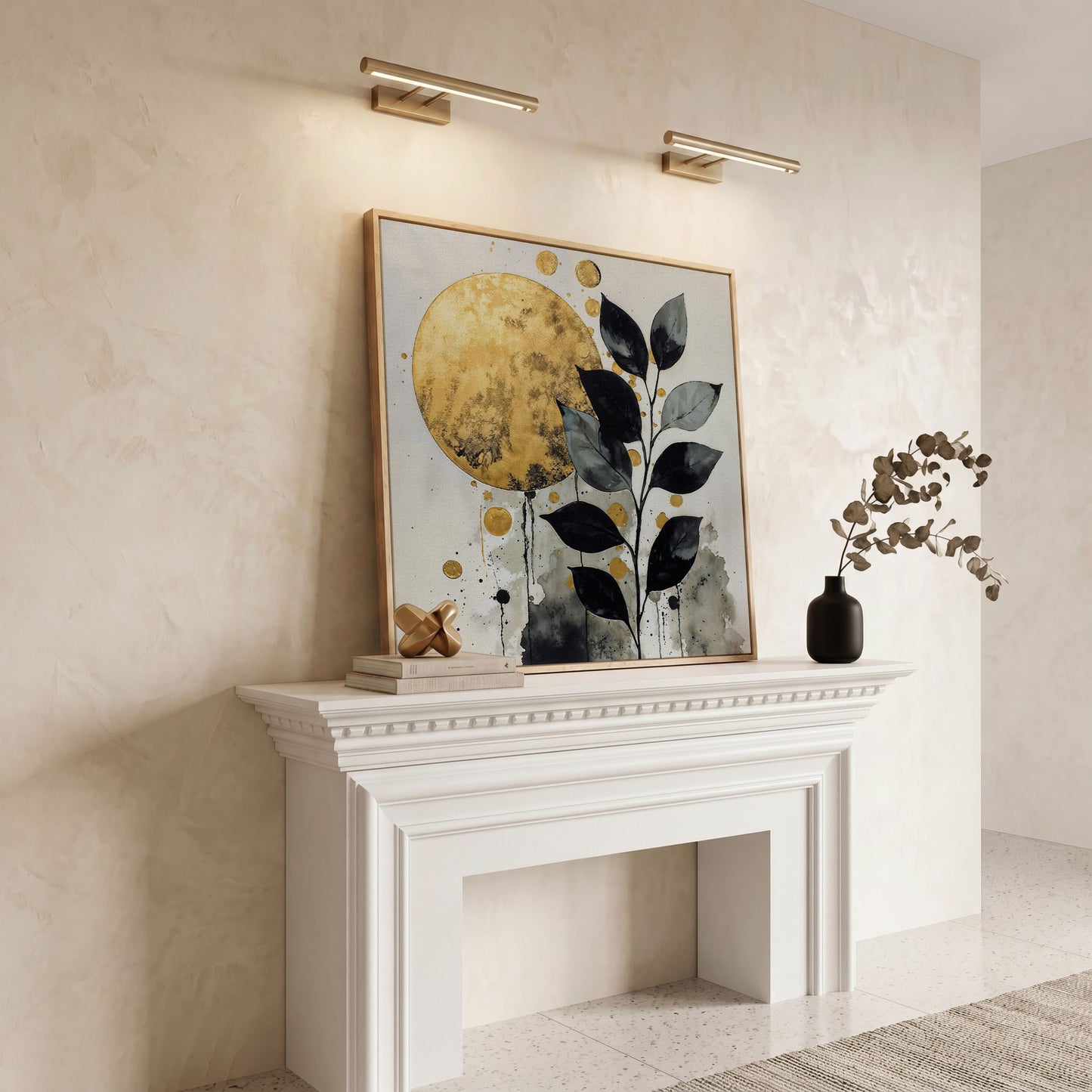 Abstract Gold Sun and Leaves Canvas in white oak floating frame