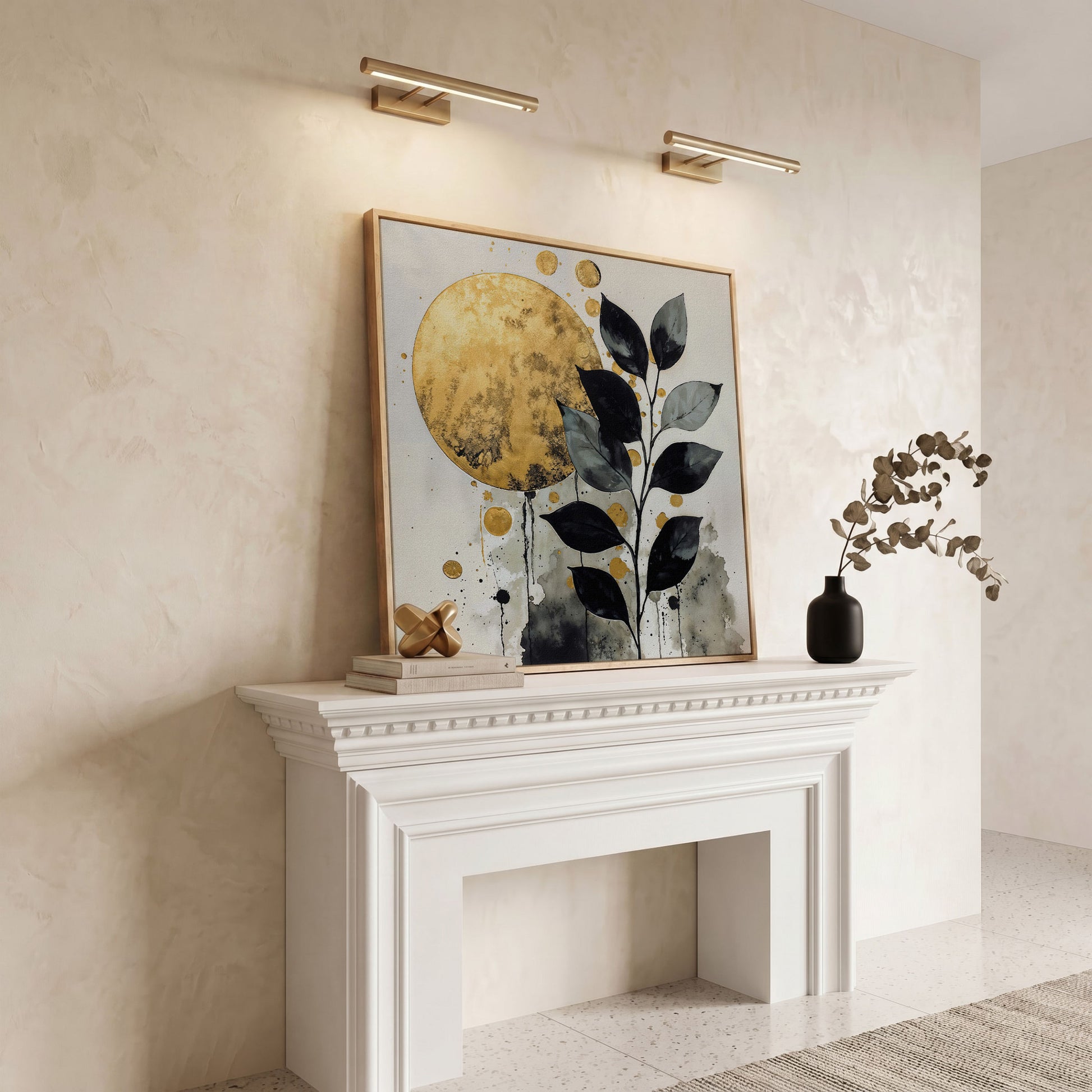 Abstract Gold Sun and Leaves Canvas in white oak floating frame