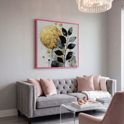 Abstract Gold Sun and Leaves Canvas in pink floating frame