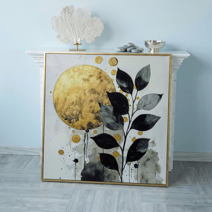 Abstract Gold Sun and Leaves Canvas in rose gold floating frame