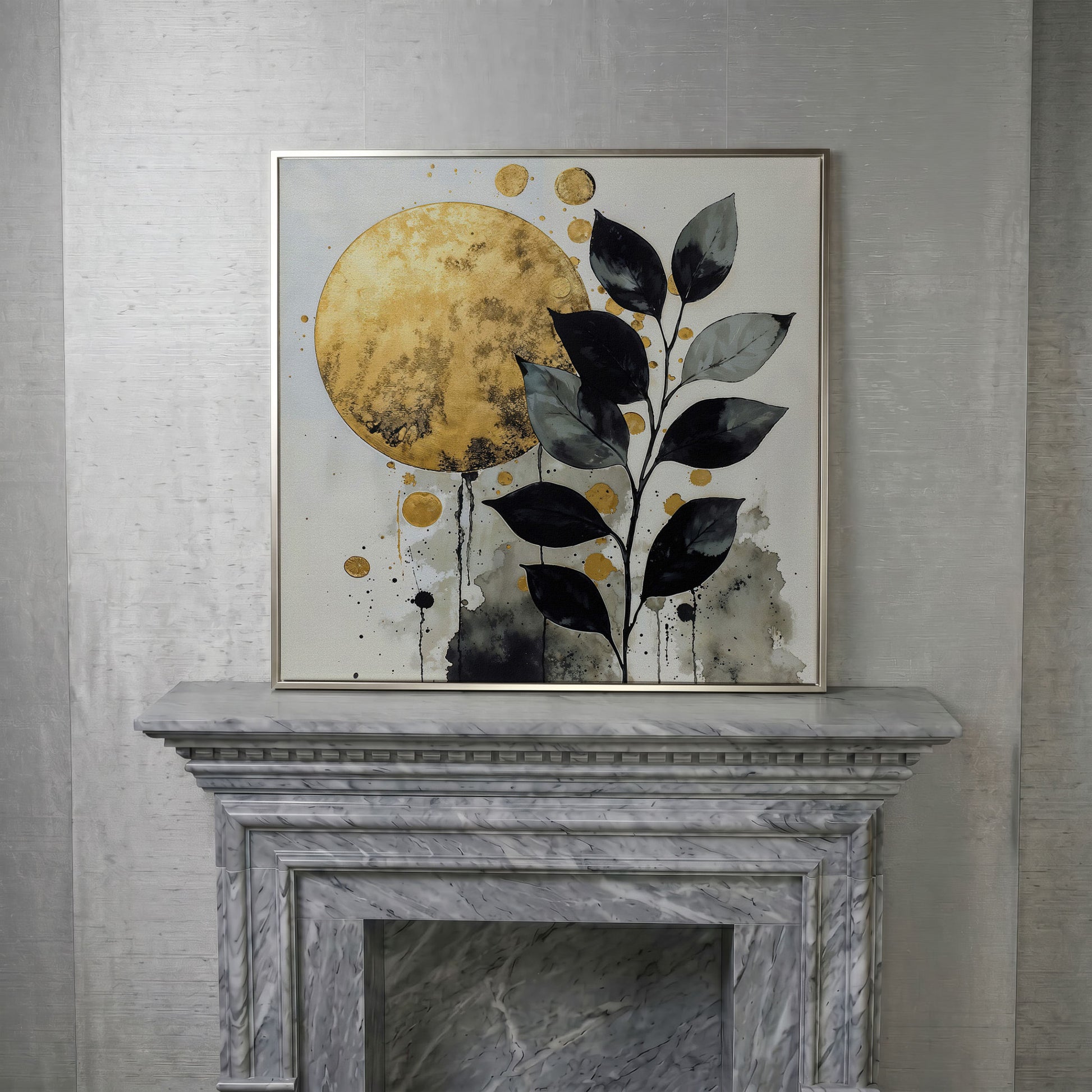 Abstract Gold Sun and Leaves Canvas in silver floating frame