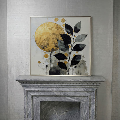 Abstract Gold Sun and Leaves Canvas in silver floating frame