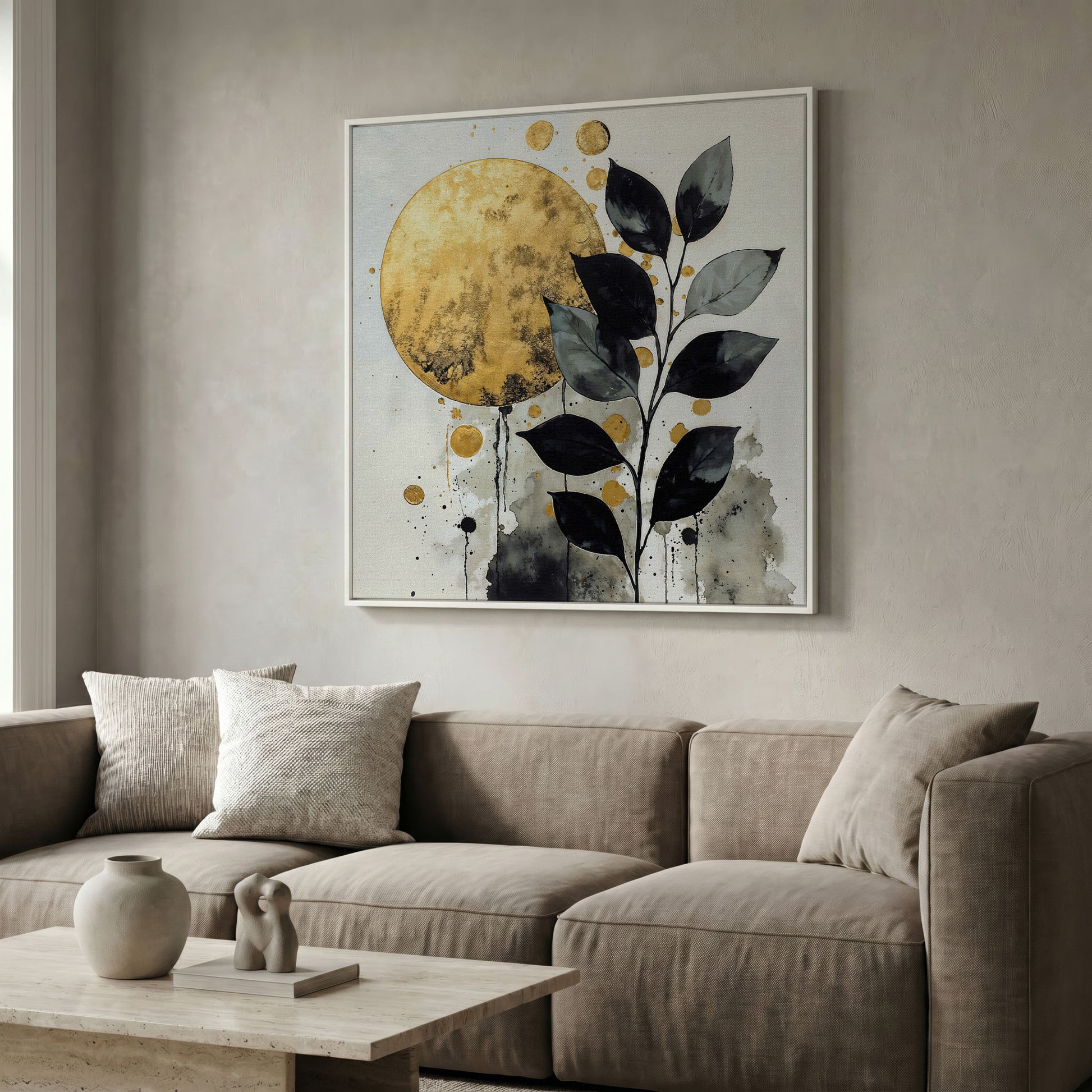 Abstract Gold Sun and Leaves Canvas in white floating frame