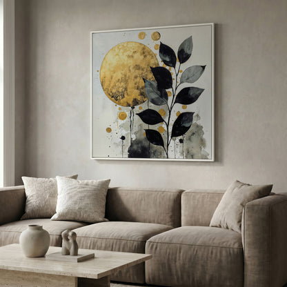 Abstract Gold Sun and Leaves Canvas in white floating frame