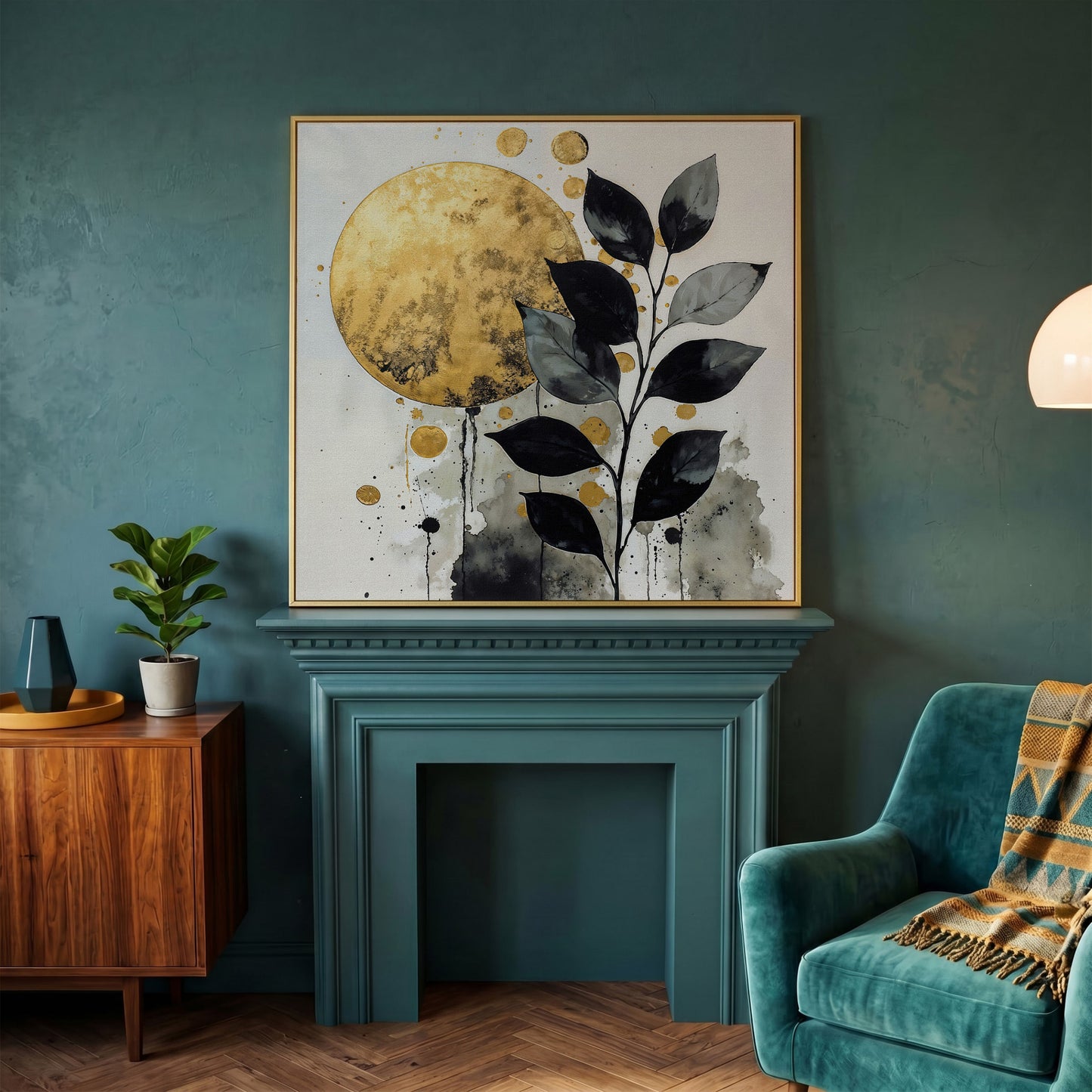 Abstract Gold Sun and Leaves Canvas in yellow gold floating frame