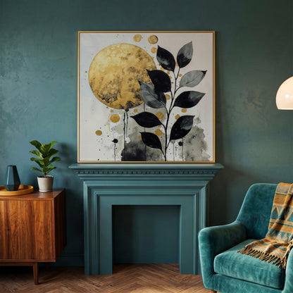 Abstract Gold Sun and Leaves Canvas in yellow gold floating frame