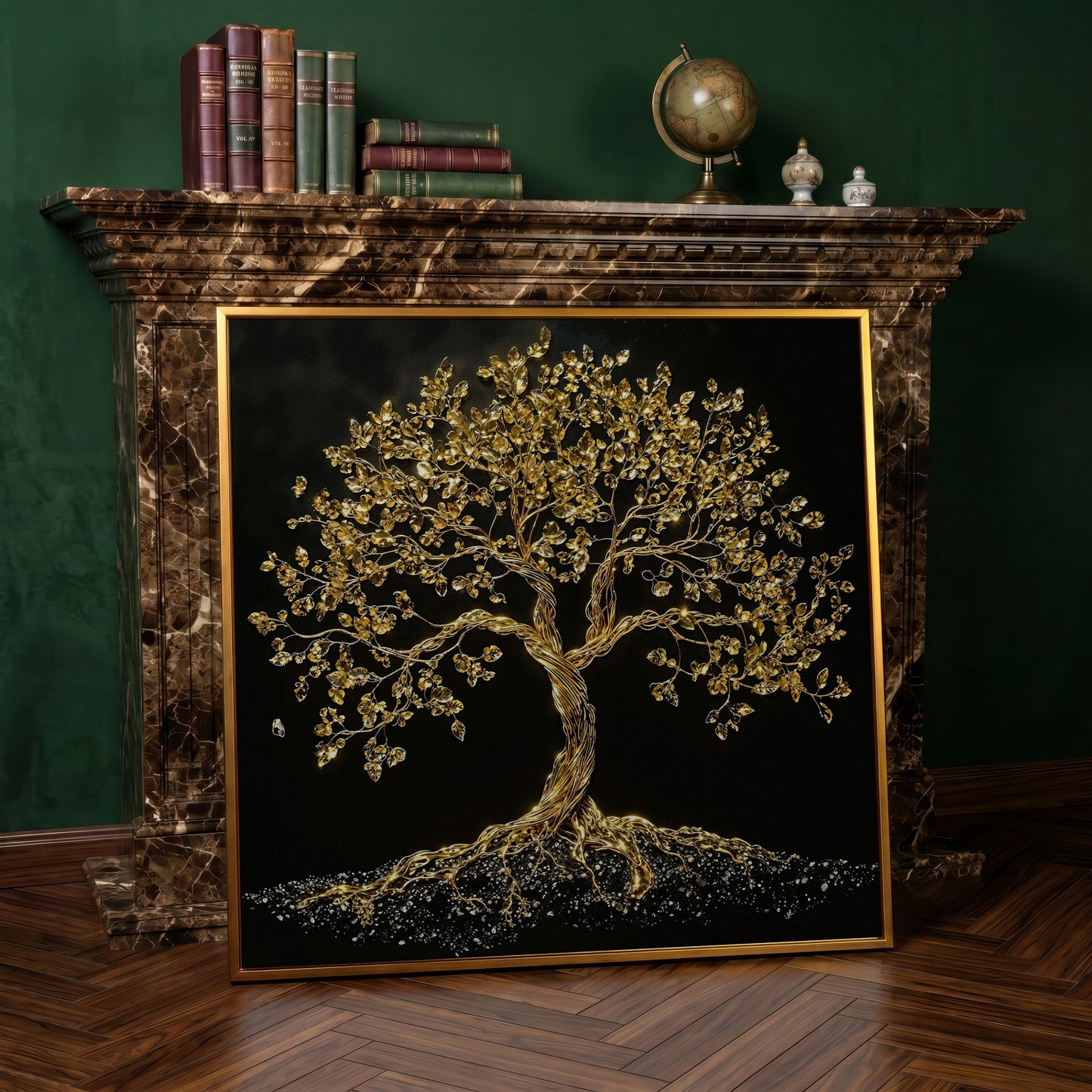 Gold Tree of Life Canvas Art, Abstract Twisted Trunk, Square Wall Art in antique gold floating frame