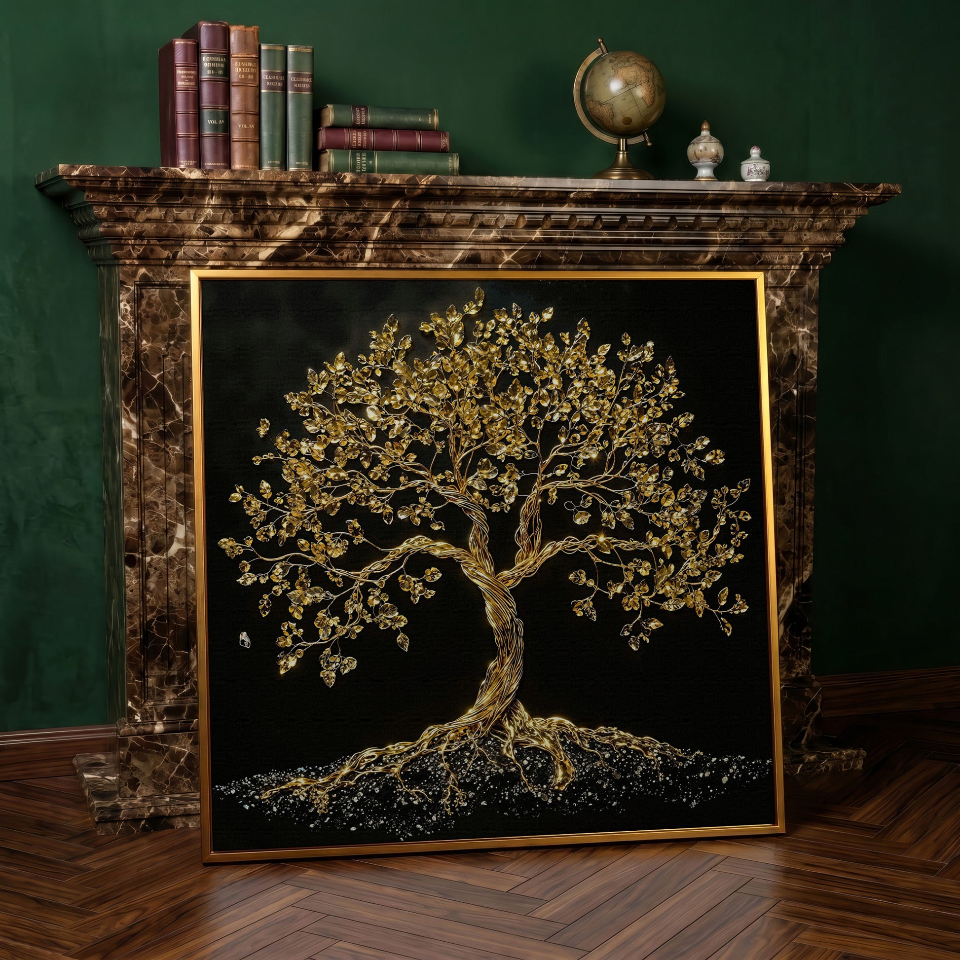 Gold Tree of Life Canvas Art, Abstract Twisted Trunk, Square Wall Art in antique gold floating frame