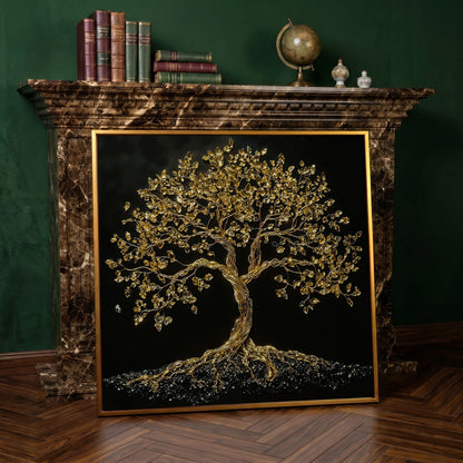 Gold Tree of Life Canvas Art, Abstract Twisted Trunk, Square Wall Art in antique gold floating frame
