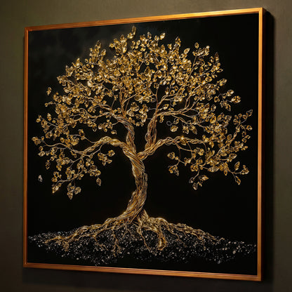 Gold Tree of Life Canvas Art, Abstract Twisted Trunk, Square Wall Art shown in antique gold floating frame
