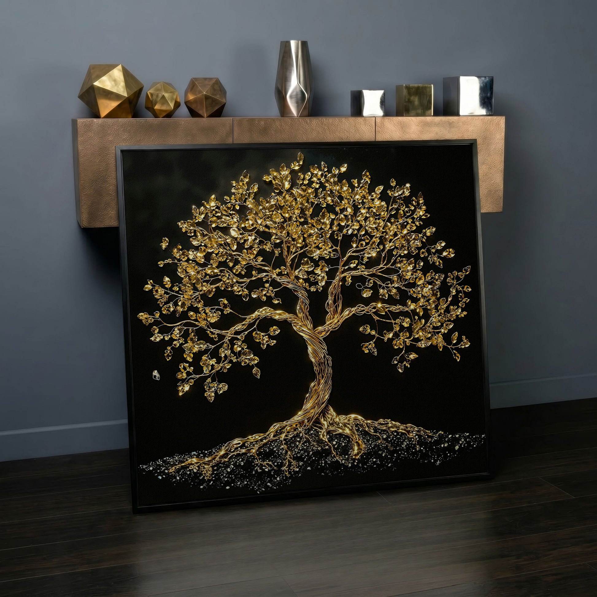 Gold Tree of Life Canvas Art, Abstract Twisted Trunk, Square Wall Art in black floating frame