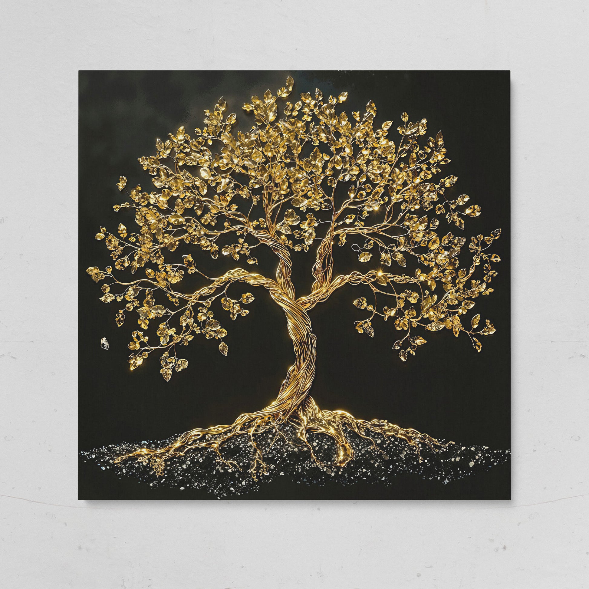 Gold Tree of Life Canvas Art, Abstract Twisted Trunk, Square Wall Art on gallery wrap