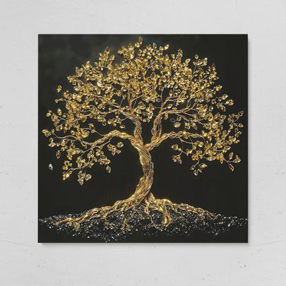 Gold Tree of Life Canvas Art, Abstract Twisted Trunk, Square Wall Art on gallery wrap