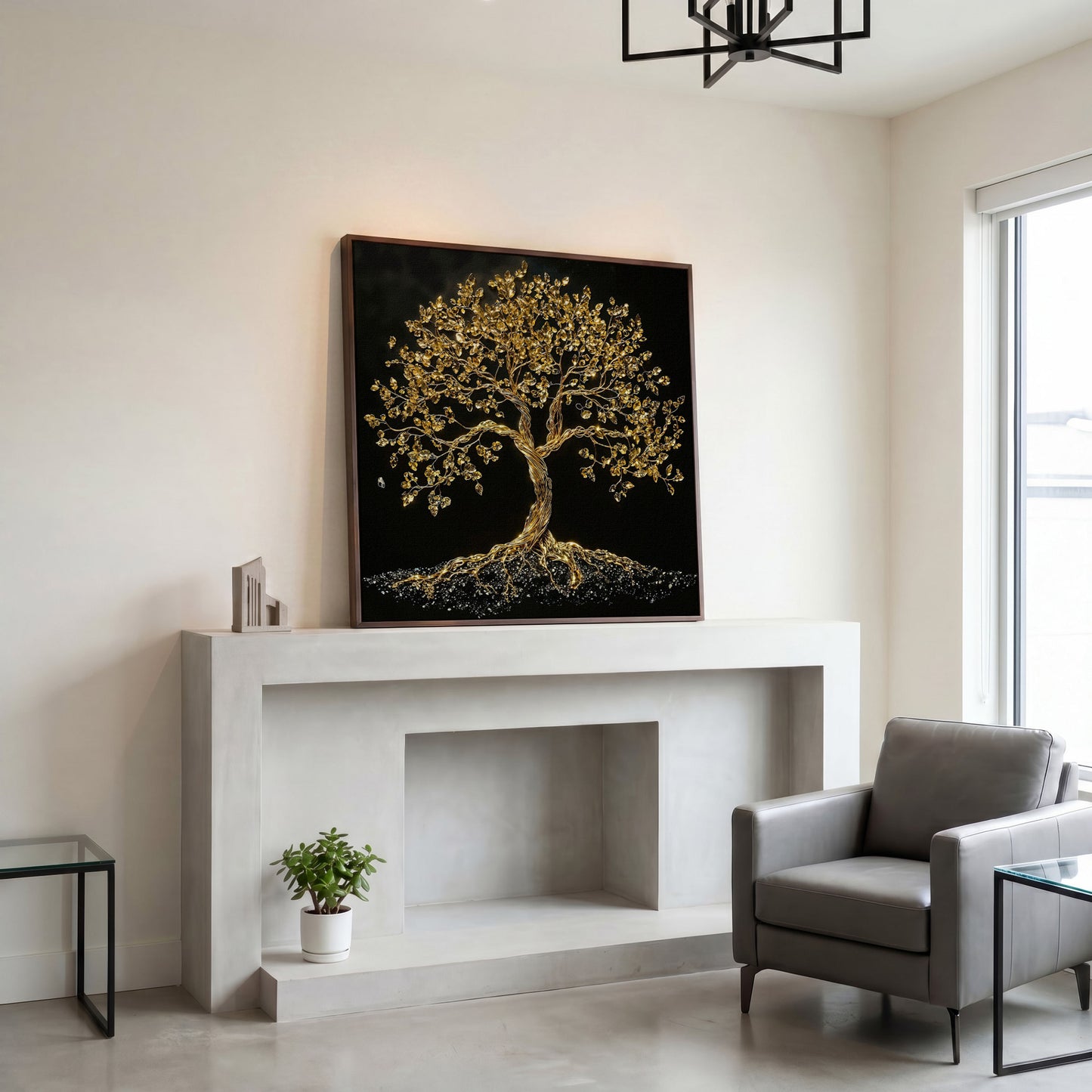 Gold Tree of Life Canvas Art, Abstract Twisted Trunk, Square Wall Art in dark walnut floating frame