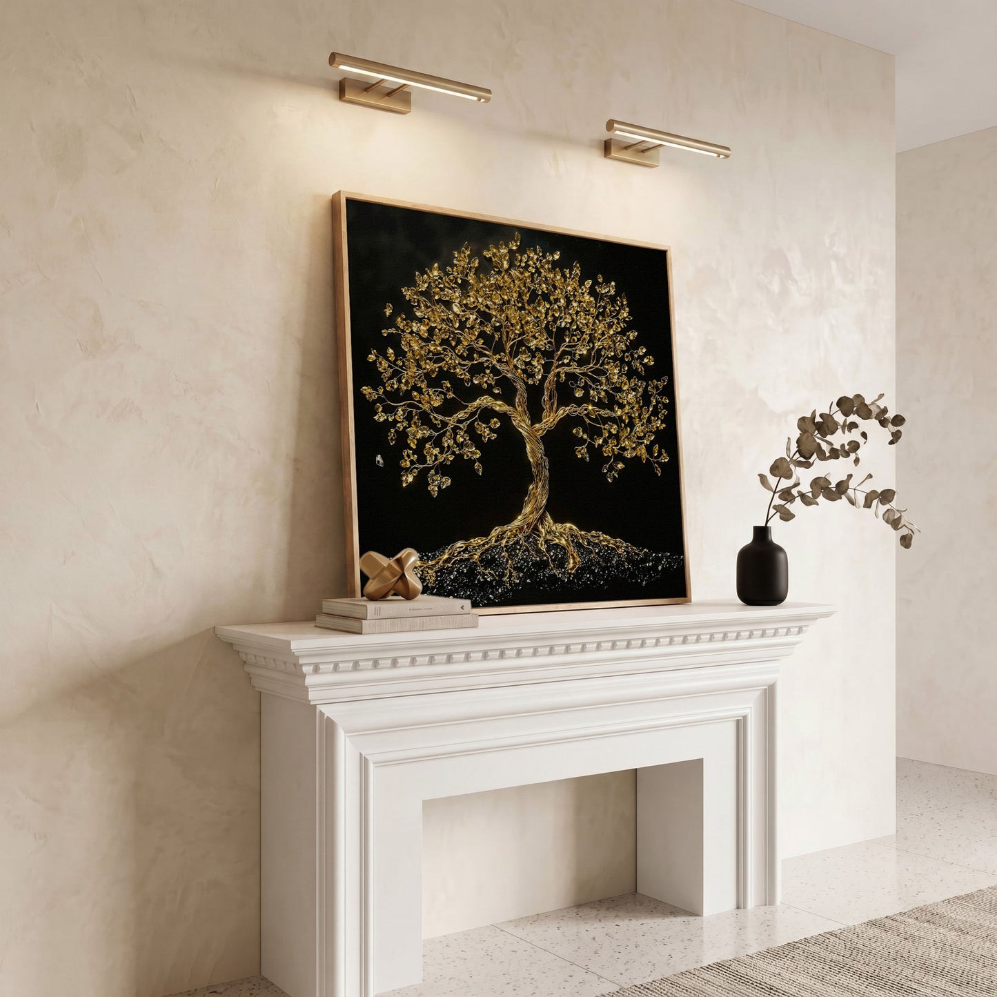 Gold Tree of Life Canvas Art, Abstract Twisted Trunk, Square Wall Art in white oak floating frame
