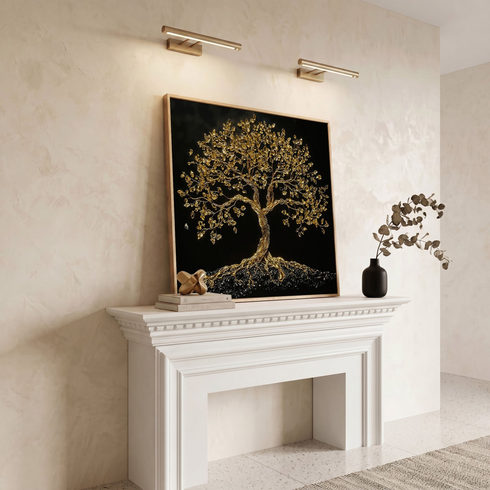 Gold Tree of Life Canvas Art, Abstract Twisted Trunk, Square Wall Art in white oak floating frame