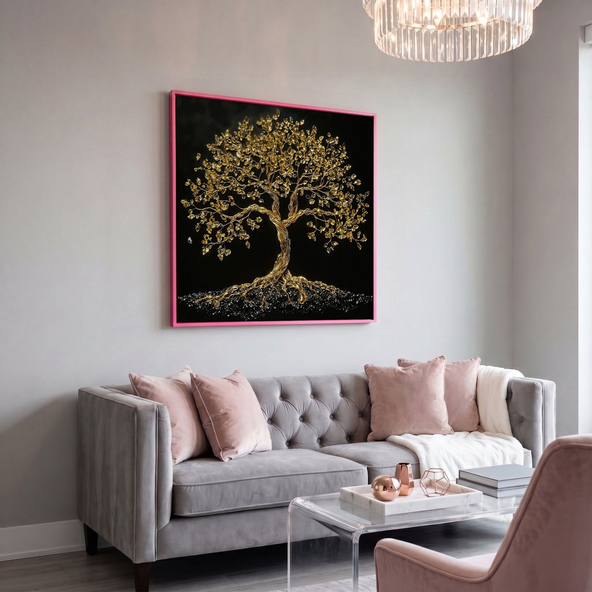 Gold Tree of Life Canvas Art, Abstract Twisted Trunk, Square Wall Art in pink floating frame