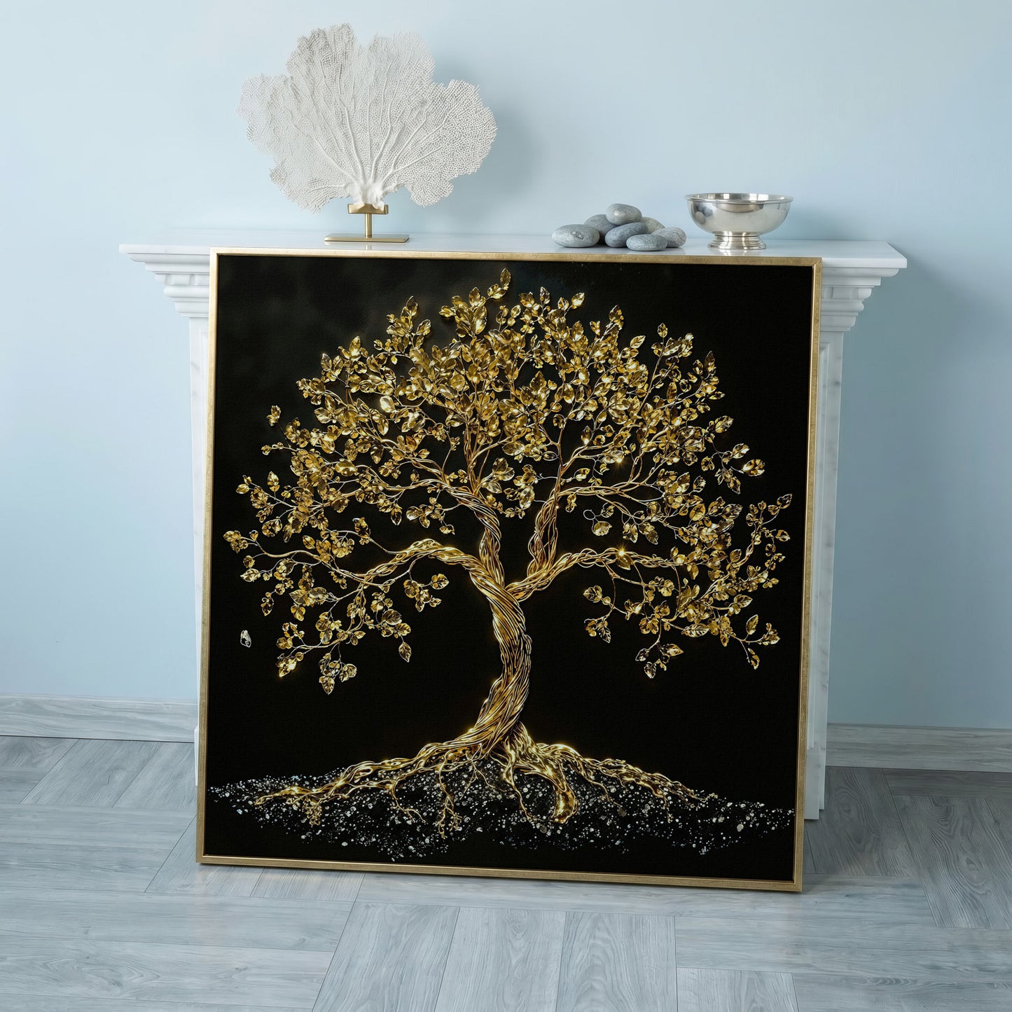 Gold Tree of Life Canvas Art, Abstract Twisted Trunk, Square Wall Art in rose gold floating frame