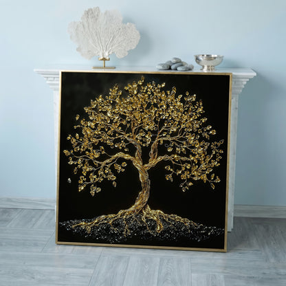 Gold Tree of Life Canvas Art, Abstract Twisted Trunk, Square Wall Art in rose gold floating frame