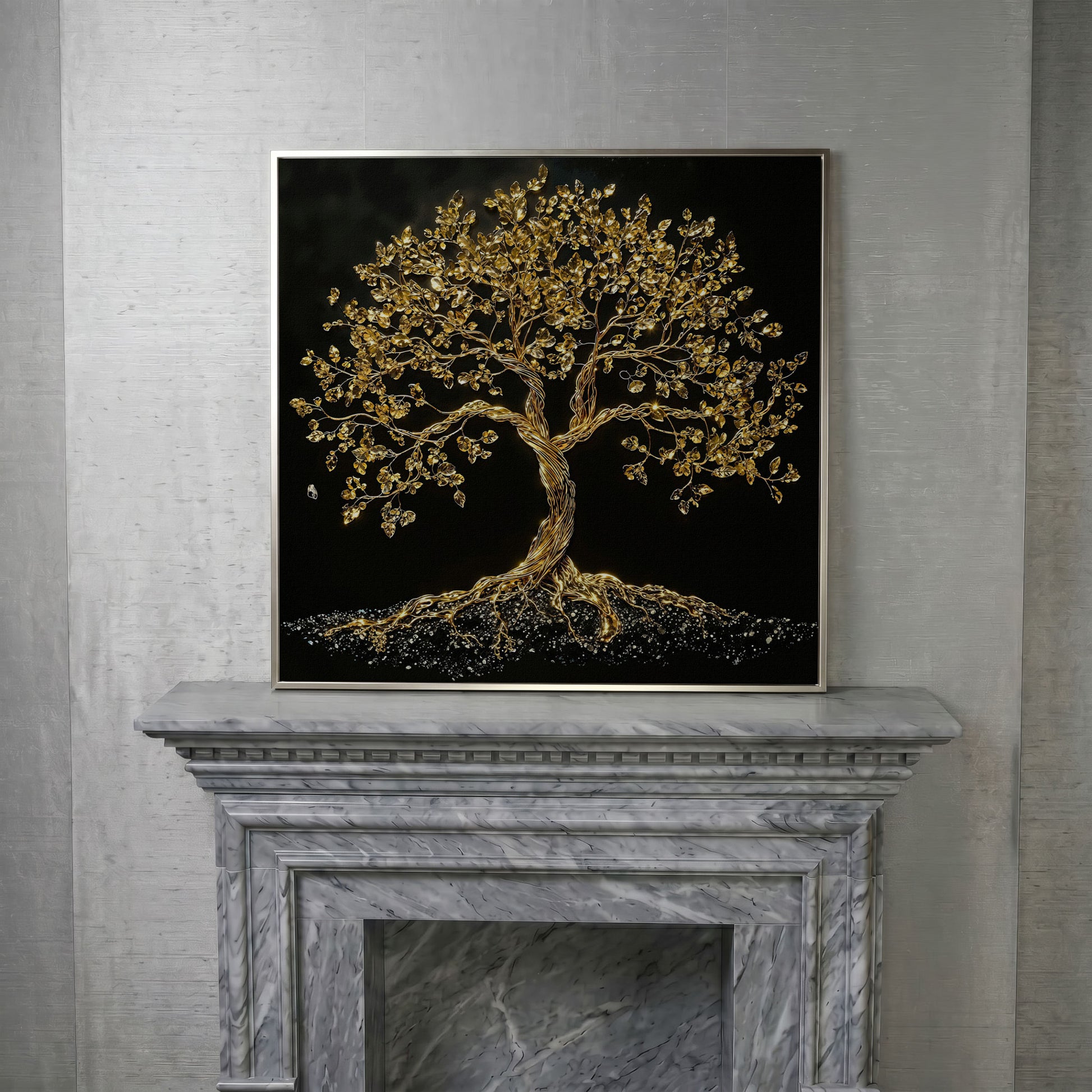 Gold Tree of Life Canvas Art, Abstract Twisted Trunk, Square Wall Art in silver floating frame