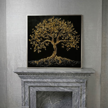 Gold Tree of Life Canvas Art, Abstract Twisted Trunk, Square Wall Art in silver floating frame