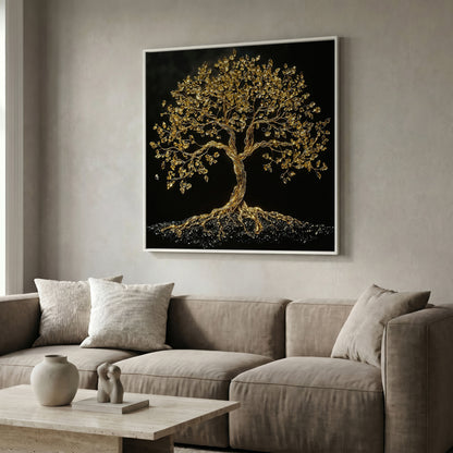Gold Tree of Life Canvas Art, Abstract Twisted Trunk, Square Wall Art in white floating frame