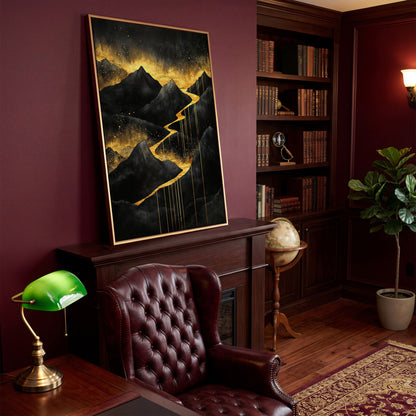 Golden River in Dark Mountains Canvas in antique gold floating frame