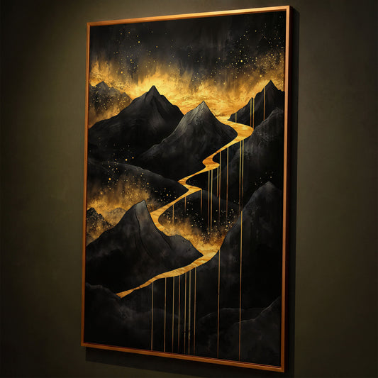 Golden River in Dark Mountains Canvas shown in antique gold floating frame