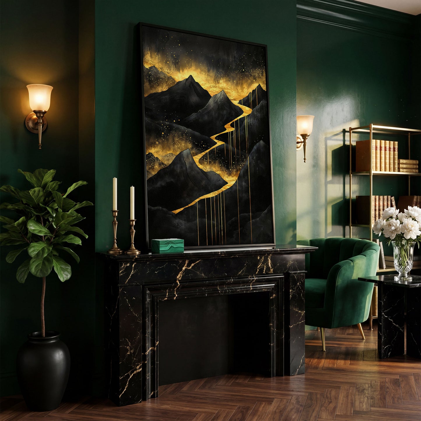 Golden River in Dark Mountains Canvas in black floating frame