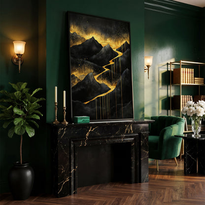Golden River in Dark Mountains Canvas in black floating frame