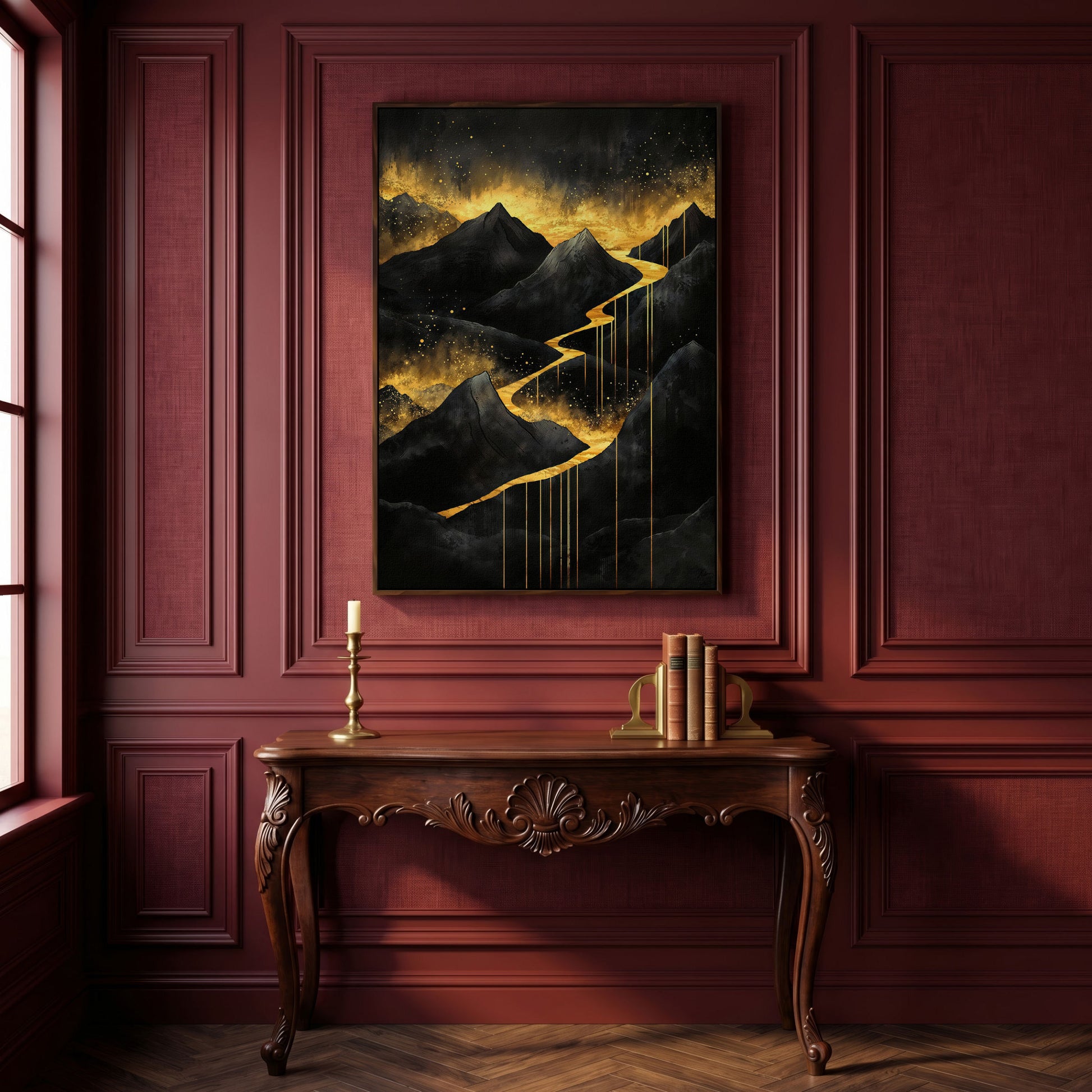 Golden River in Dark Mountains Canvas in dark walnut floating frame