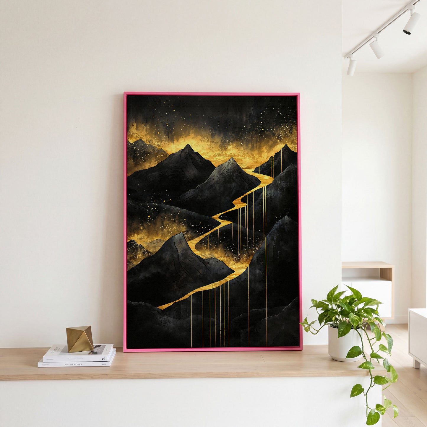 Golden River in Dark Mountains Canvas in pink floating frame