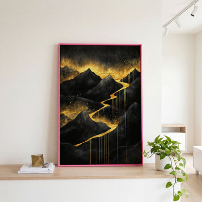 Golden River in Dark Mountains Canvas in pink floating frame