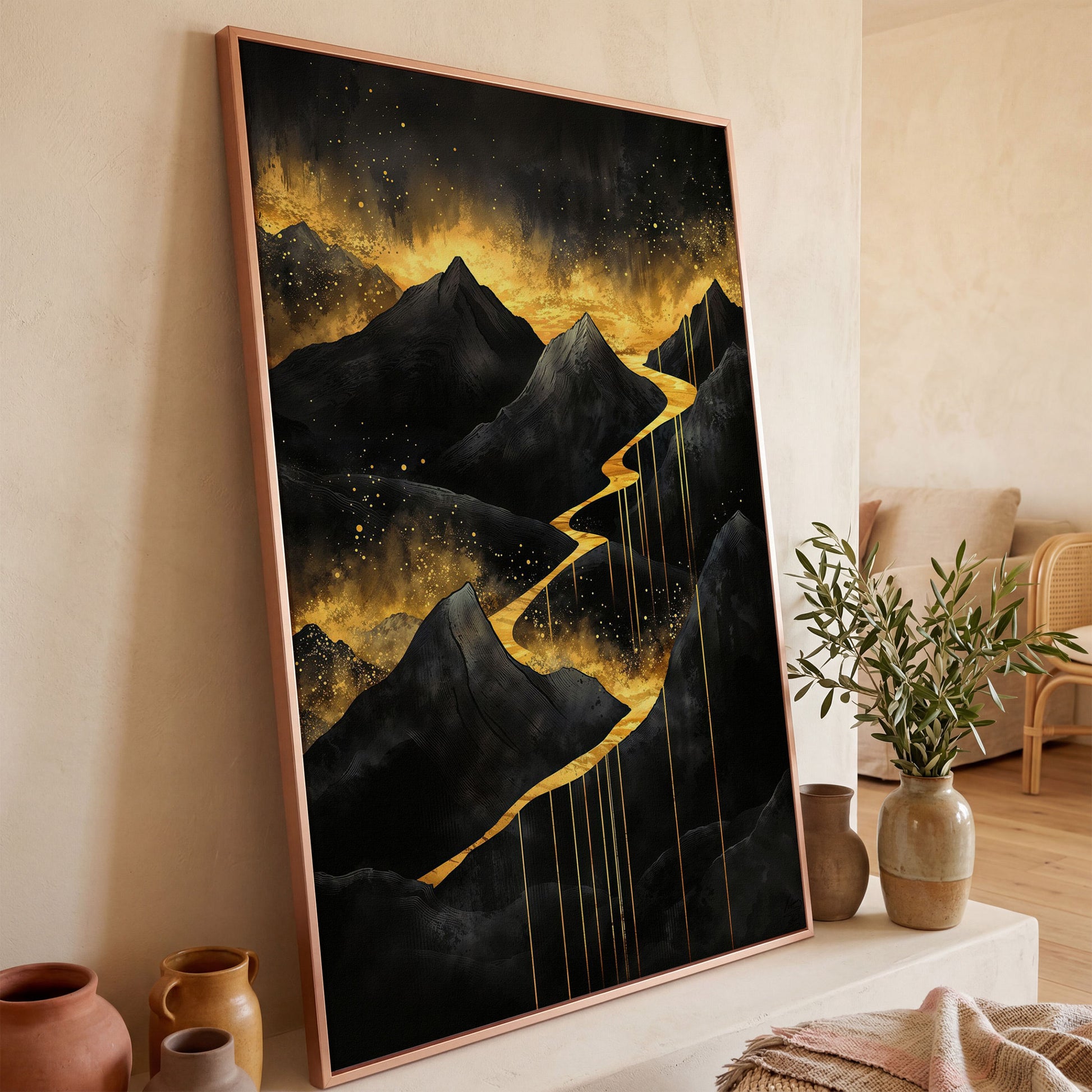 Golden River in Dark Mountains Canvas in rose gold floating frame