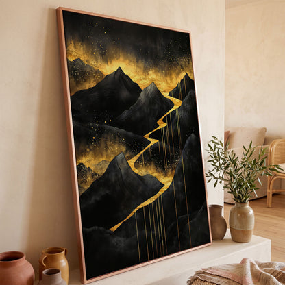 Golden River in Dark Mountains Canvas in rose gold floating frame