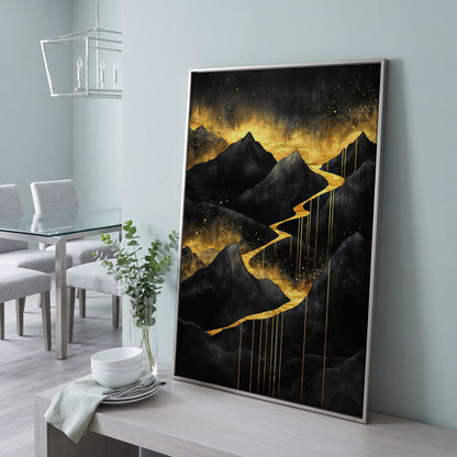 Golden River in Dark Mountains Canvas in silver floating frame