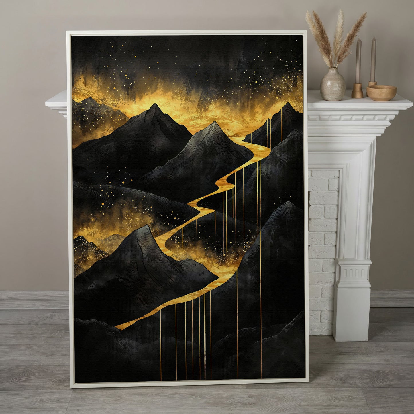 Golden River in Dark Mountains Canvas in white floating frame