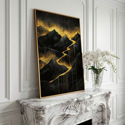 Golden River in Dark Mountains Canvas in yellow gold floating frame