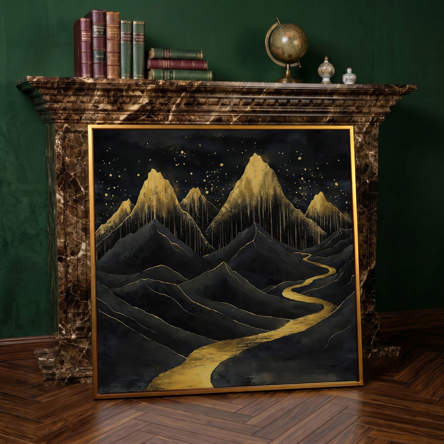 Surreal Black and Gold Mountains Canvas in antique gold floating frame
