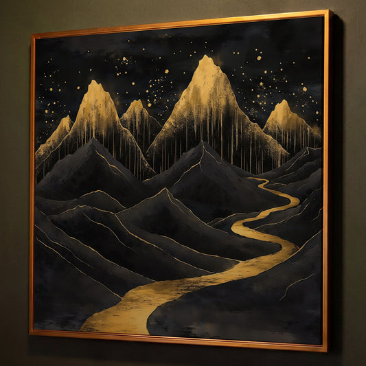 Surreal Black and Gold Mountains Canvas shown in antique gold floating frame