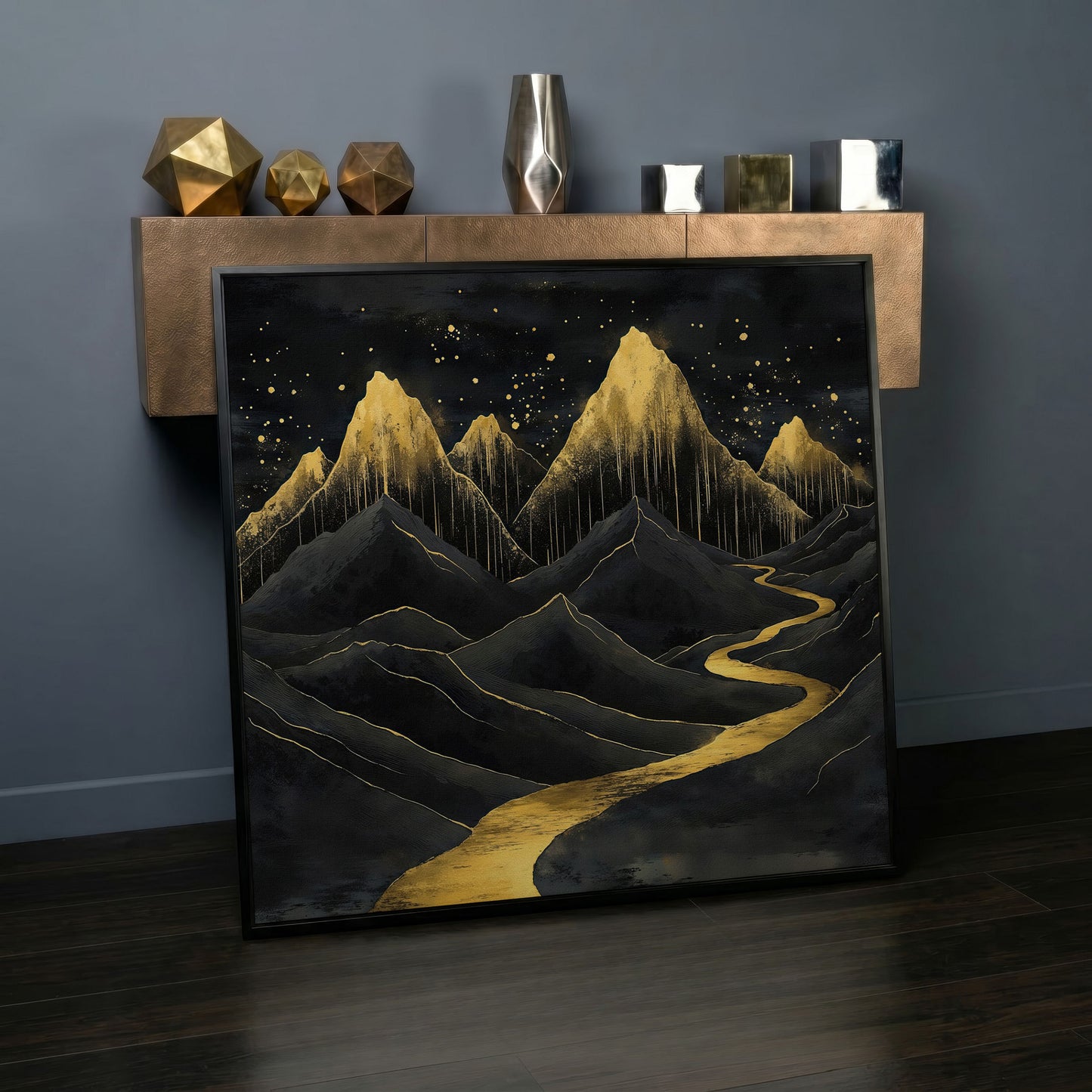 Surreal Black and Gold Mountains Canvas in black floating frame