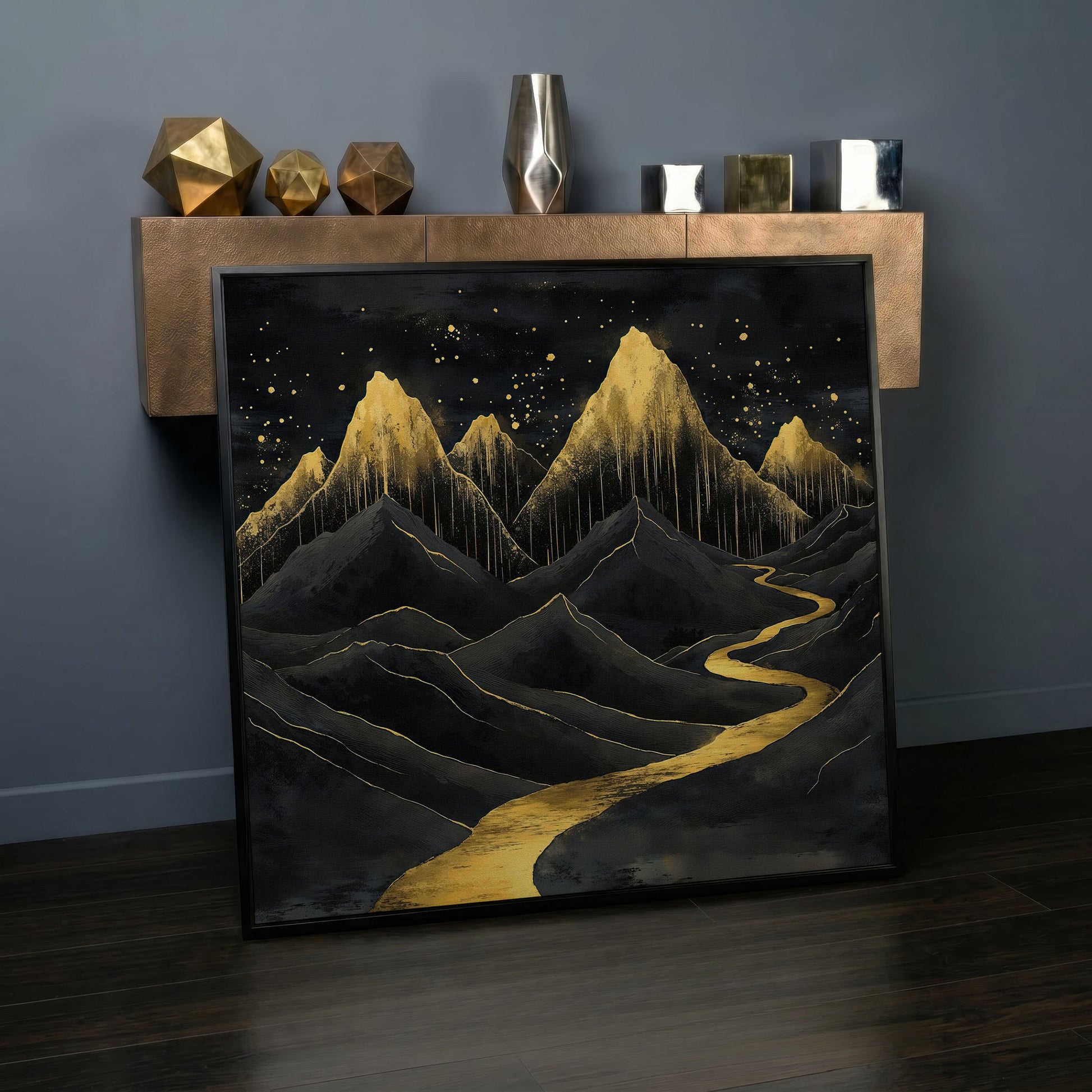 Surreal Black and Gold Mountains Canvas in black floating frame