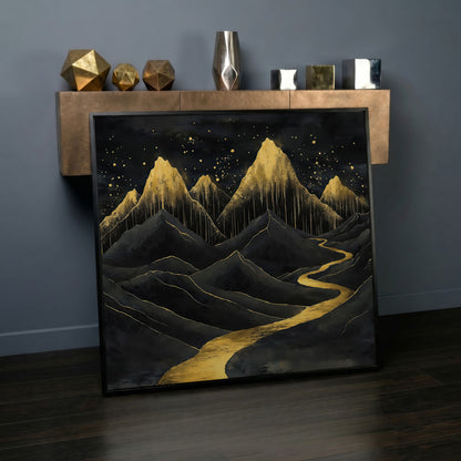 Surreal Black and Gold Mountains Canvas in black floating frame