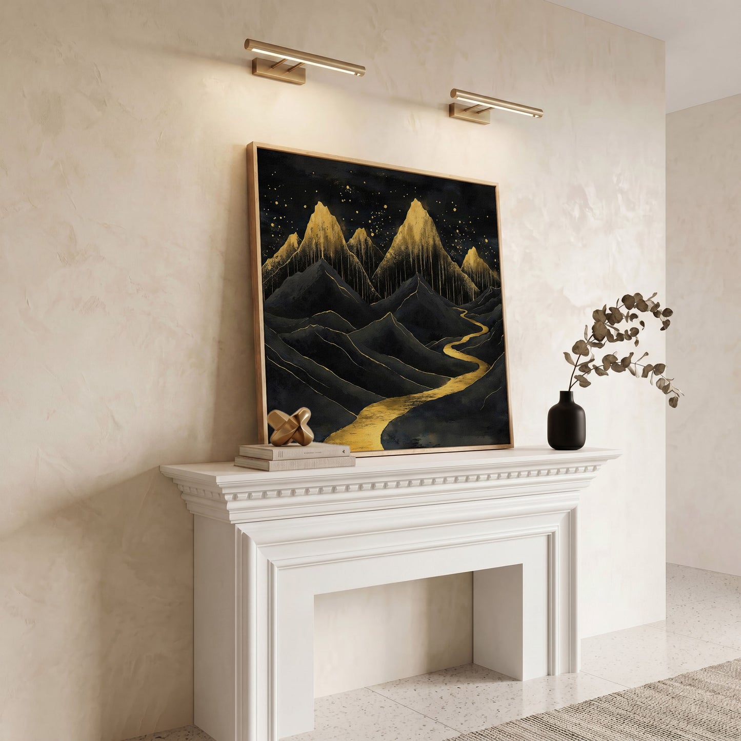 Surreal Black and Gold Mountains Canvas in white oak floating frame