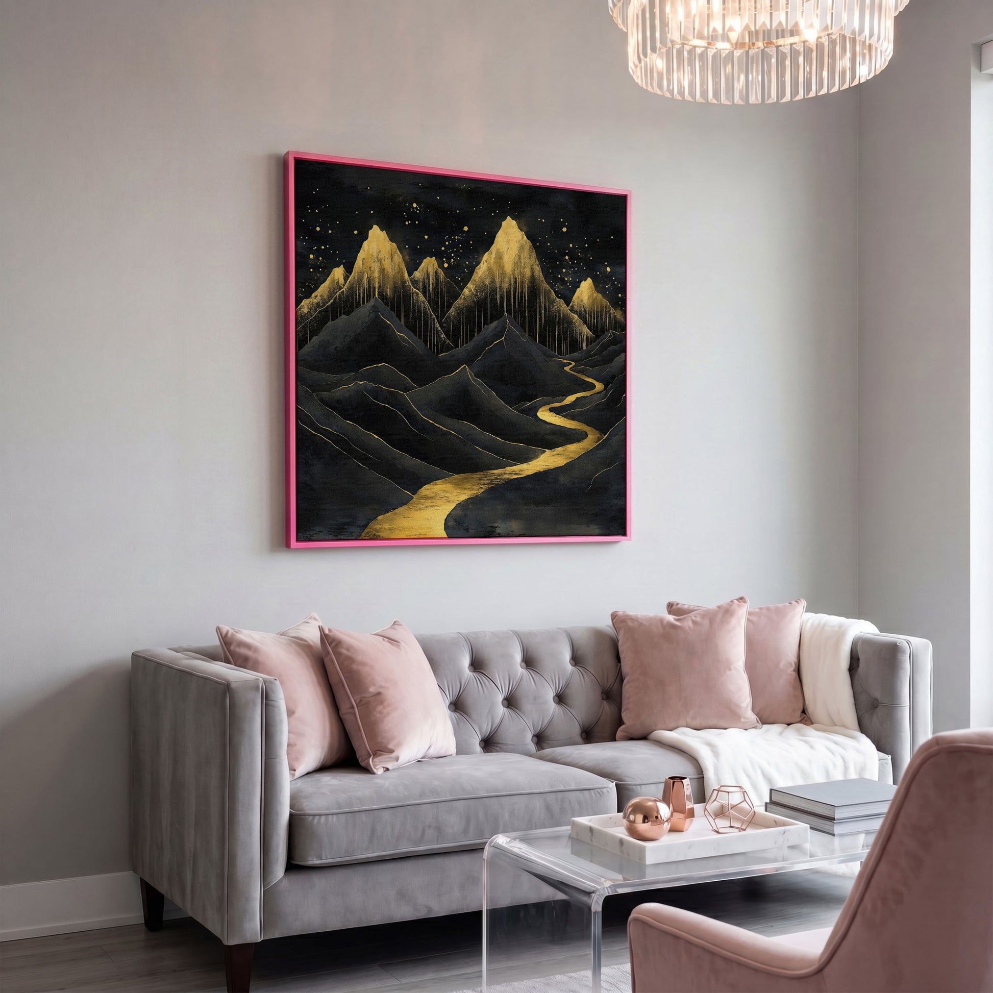 Surreal Black and Gold Mountains Canvas in pink floating frame